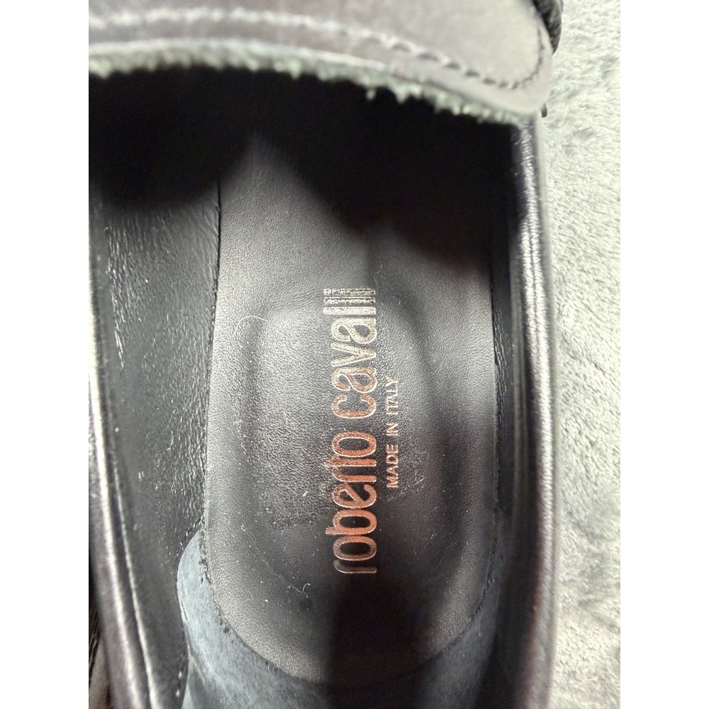 Roberto Cavalli Women 38.5 Black Leather Loafers Gold Logo Made in Italy - Picture 3 of 13